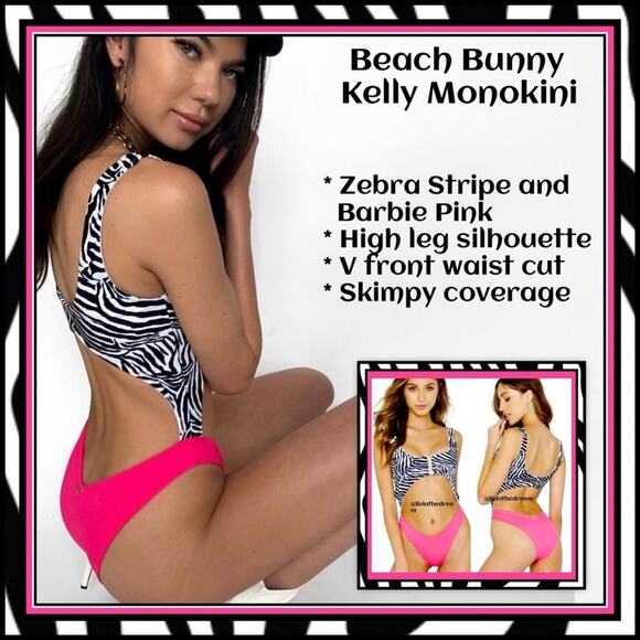 Beach Bunny Kelly Monokini One Piece Zebra Stripe and Barbie Pink SZ L $170 - Picture 3 of 17